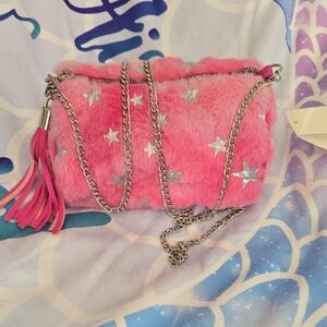 Pink Faux Fur Star-Patterned Chain Bag